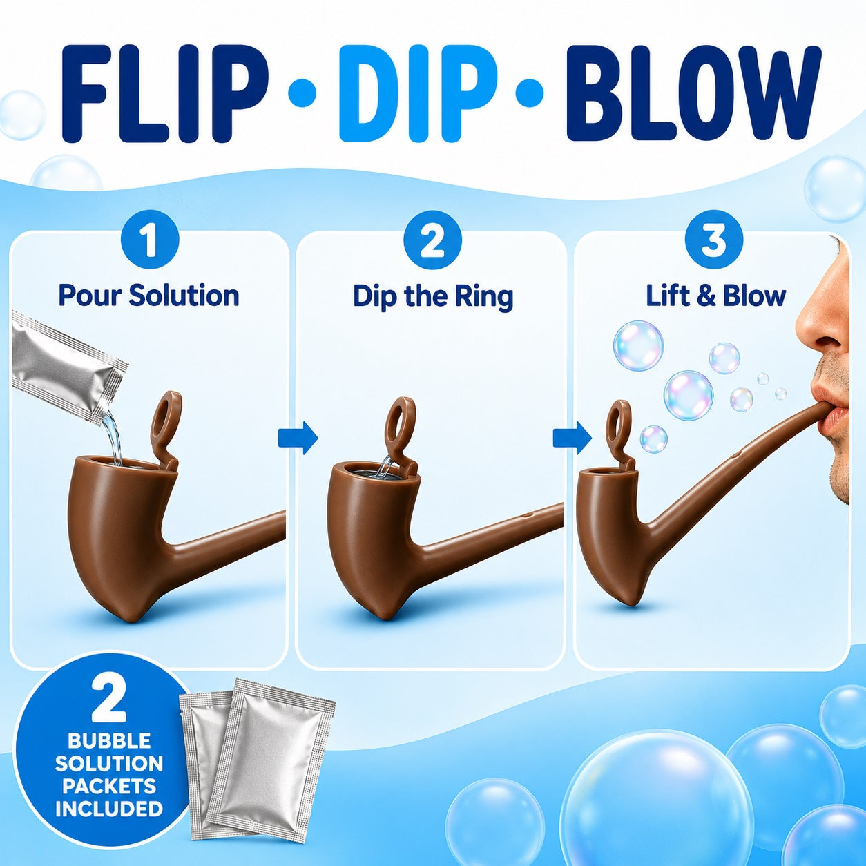 Pipe-Shaped Bubble Blower with 2 Bubble Solution Packets, Reusable Flip-Ring Bubble Maker, Novelty Stress Relief Desk Gadget and Gag Gift for Parties, White Elephant, 5.9 Inch