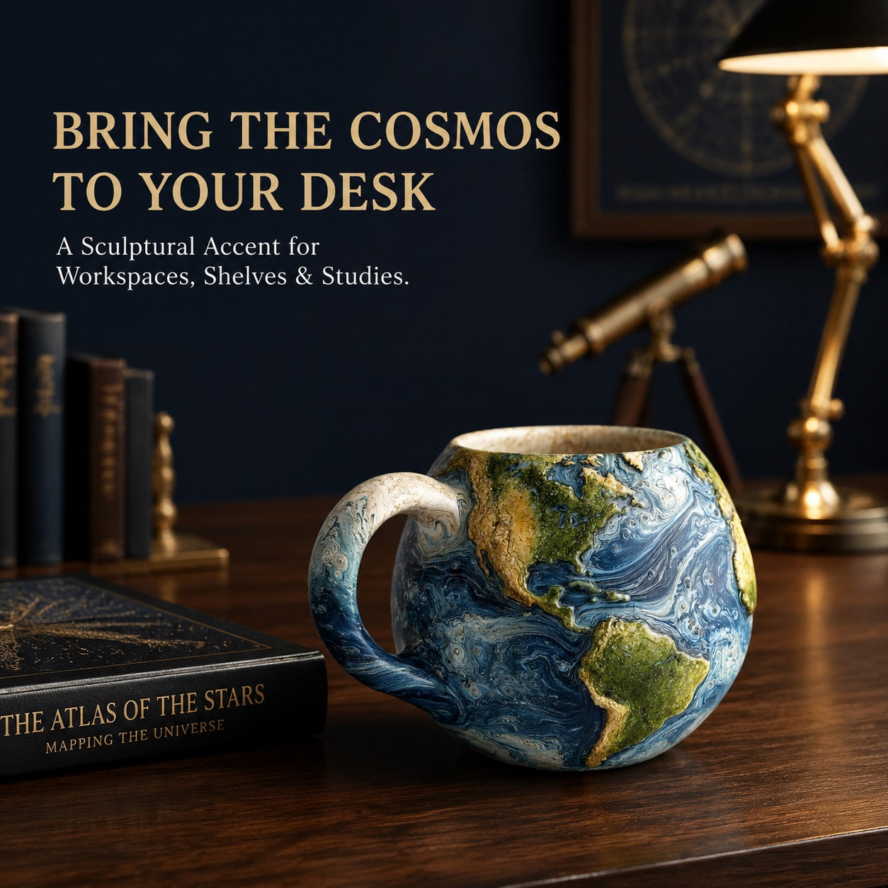 Planet Resin Craft Mug, 3D Celestial Cup with Textured Earth Moon Saturn or Sun Design, 5.1 Inch Space-Themed Decorative Mug, Astronomy Desk Decor and Gift for Space Lovers