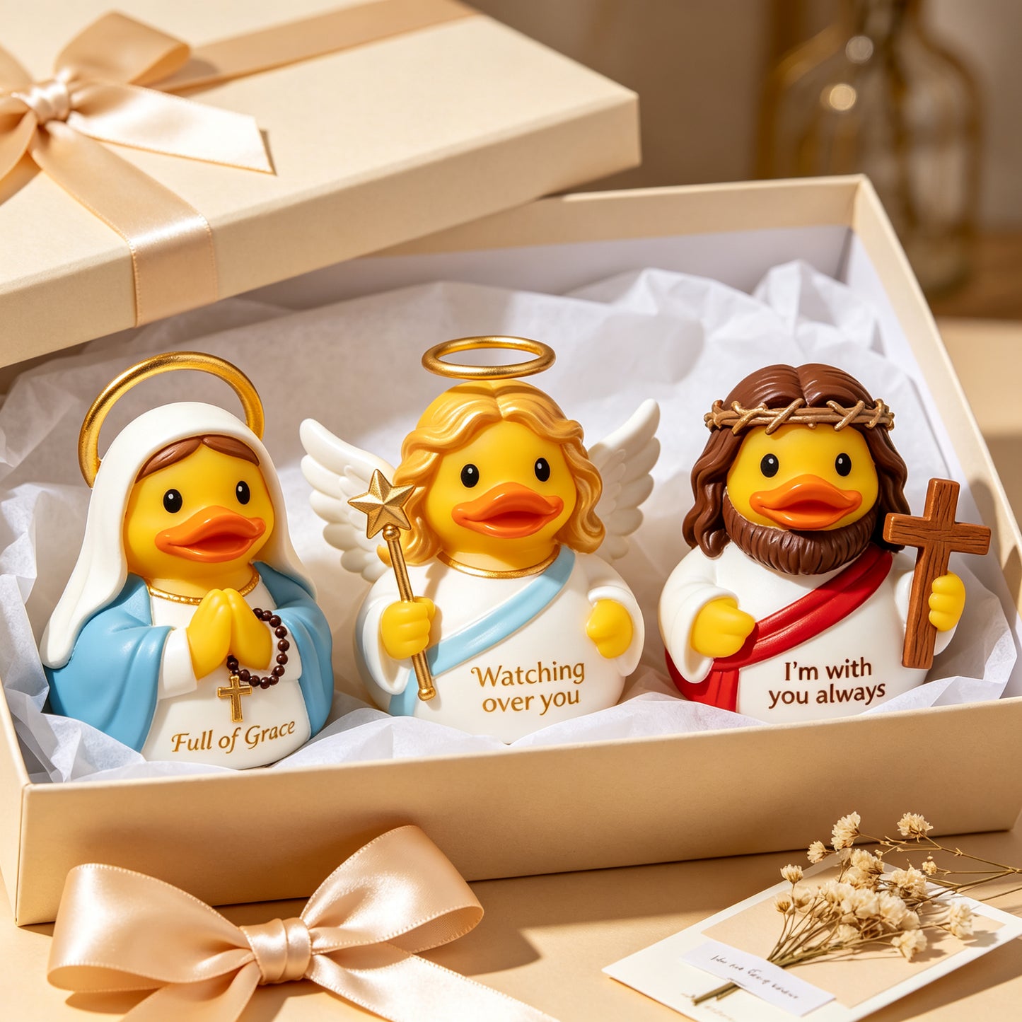 Guardian Angel Rubber Duck Figurine, 3.5" Religious Resin Statue with "Watching Over You", Cute Christian Home Decor for Nightstand Desk, Baptism Birthday Gift