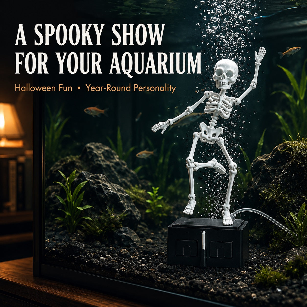 Dancing Skeleton Aquarium Ornament with USB Air Pump, 3D Printed Articulated Fish Tank Bubbler, Air-Powered Moving Skeleton Decor with Airline Tubing, Approx. 5.5 Inch