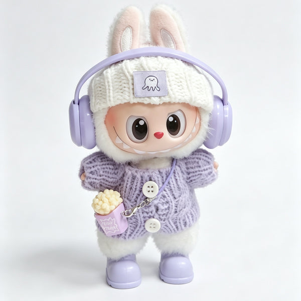 Cute Rabbit Crochet Set for 15–17cm Collectible Plush Dolls | 5-Piece Street Style Outfit with Earphones