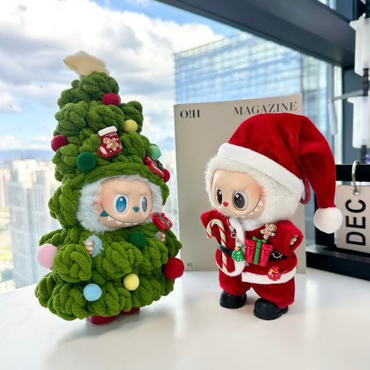 Christmas Clothes for 15-17cm Labubu Doll, Handcrafted 2 Pcs Set Christmas Tree Figures Outfits - Poms Sock and Red Shoes