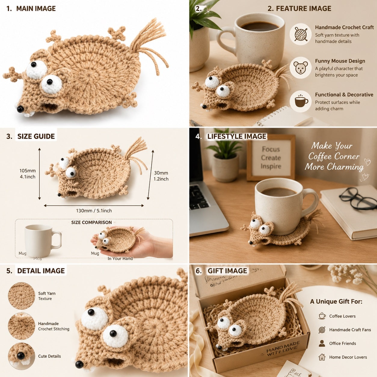 Handmade Crochet Coaster, Funny Animal Drink Coasters for Coffee Cup, Cute Yarn Woven Desk Decor, Unique Home Office Table Accessories Gift