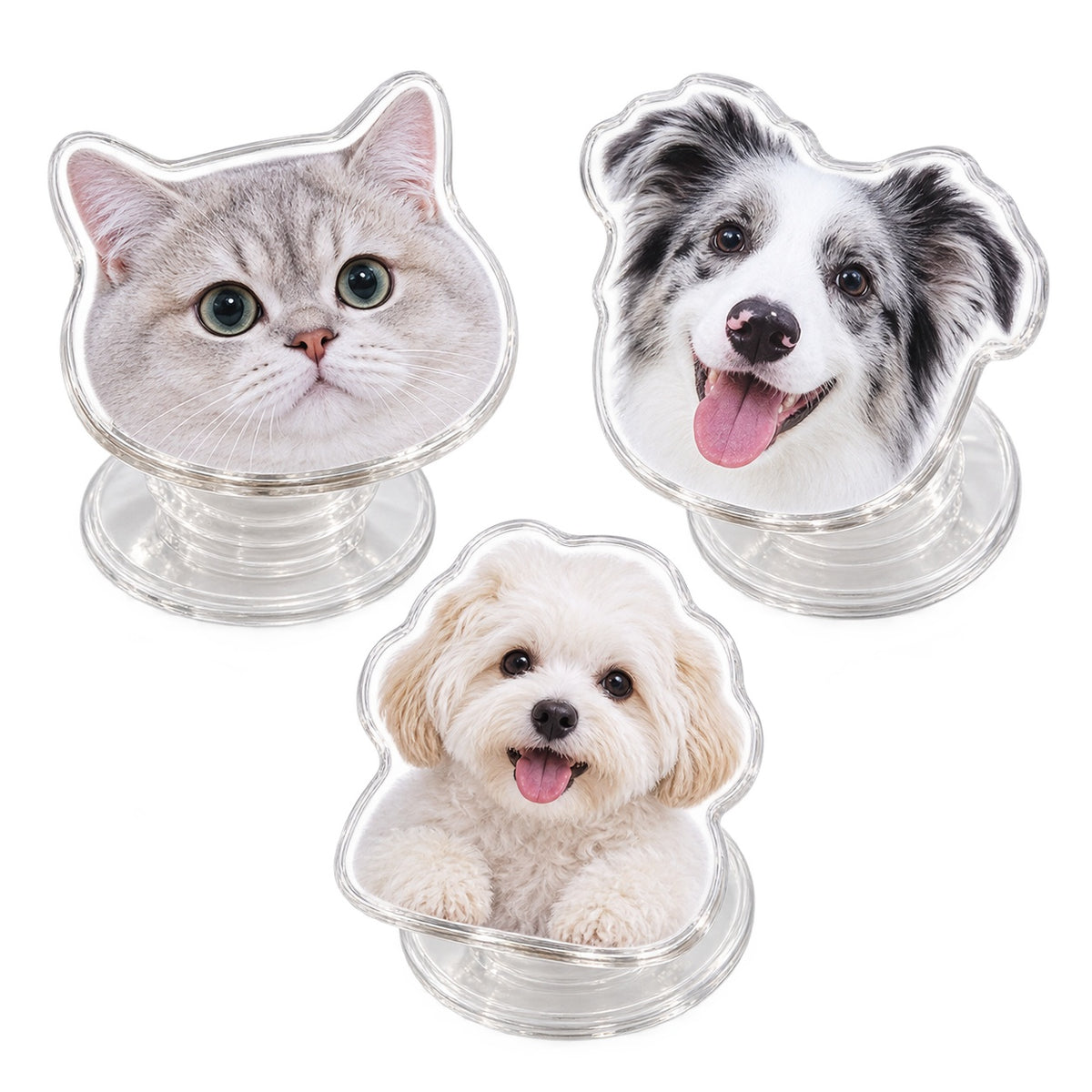 Personalized Photo Phone Grip Stand 3 Pack, Custom Pet or Person Picture Collapsible Phone Holder, Head Cutout or Upper Body Style, Adhesive Grip for Smooth Cases, Custom Gift
