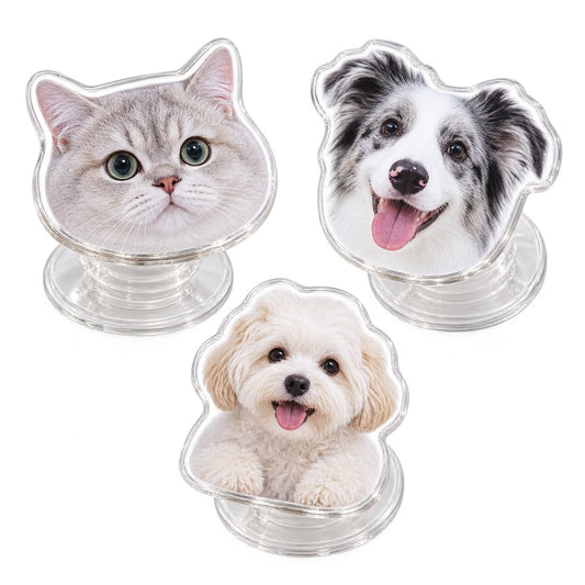 Personalized Photo Phone Grip Stand 3 Pack, Custom Pet or Person Picture Collapsible Phone Holder, Head Cutout or Upper Body Style, Adhesive Grip for Smooth Cases, Custom Gift