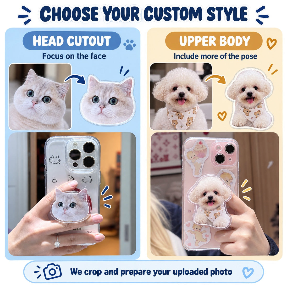 Personalized Photo Phone Grip Stand 3 Pack, Custom Pet or Person Picture Collapsible Phone Holder, Head Cutout or Upper Body Style, Adhesive Grip for Smooth Cases, Custom Gift