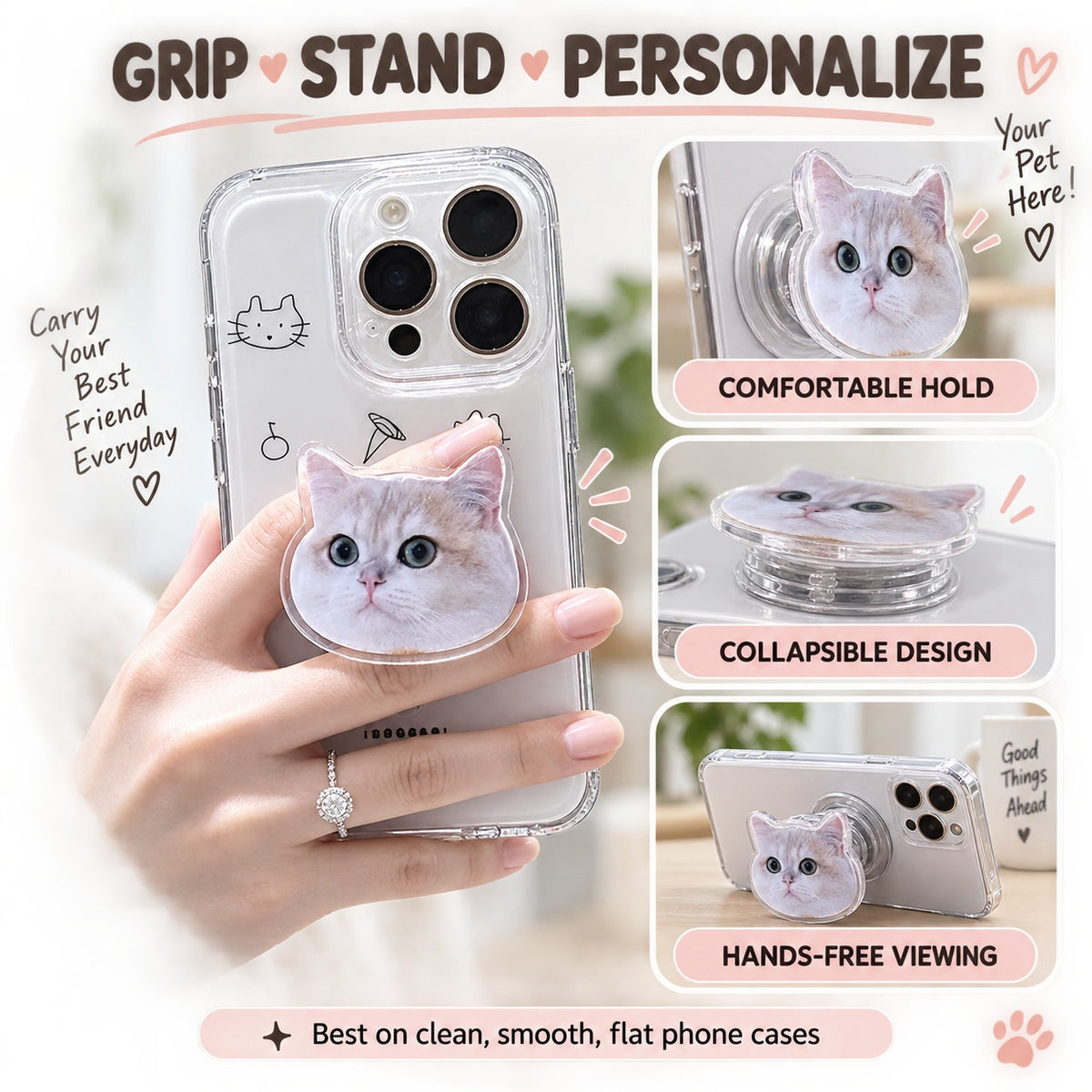 Personalized Photo Phone Grip Stand 3 Pack, Custom Pet or Person Picture Collapsible Phone Holder, Head Cutout or Upper Body Style, Adhesive Grip for Smooth Cases, Custom Gift