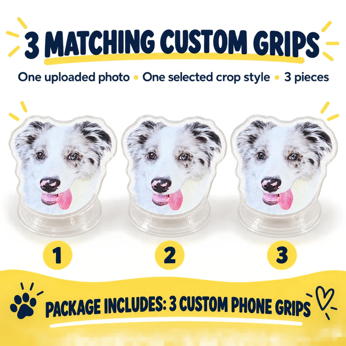 Personalized Photo Phone Grip Stand 3 Pack, Custom Pet or Person Picture Collapsible Phone Holder, Head Cutout or Upper Body Style, Adhesive Grip for Smooth Cases, Custom Gift
