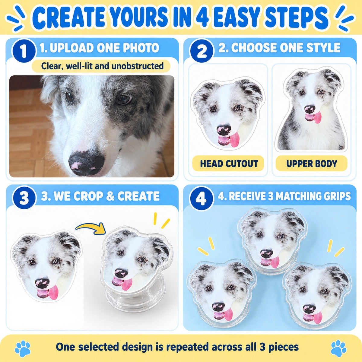 Personalized Photo Phone Grip Stand 3 Pack, Custom Pet or Person Picture Collapsible Phone Holder, Head Cutout or Upper Body Style, Adhesive Grip for Smooth Cases, Custom Gift
