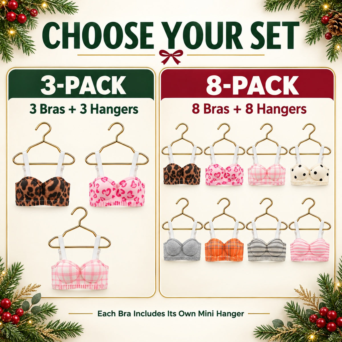 Mini Bra Christmas Ornaments with Mini Hangers, Cotton Novelty Holiday Tree Decorations and Doll Clothes