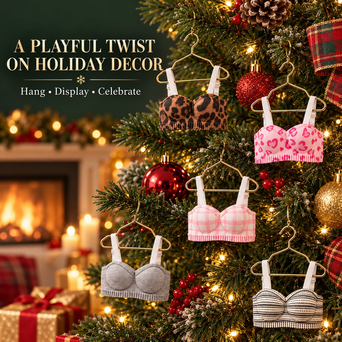 Mini Bra Christmas Ornaments with Mini Hangers, Cotton Novelty Holiday Tree Decorations and Doll Clothes