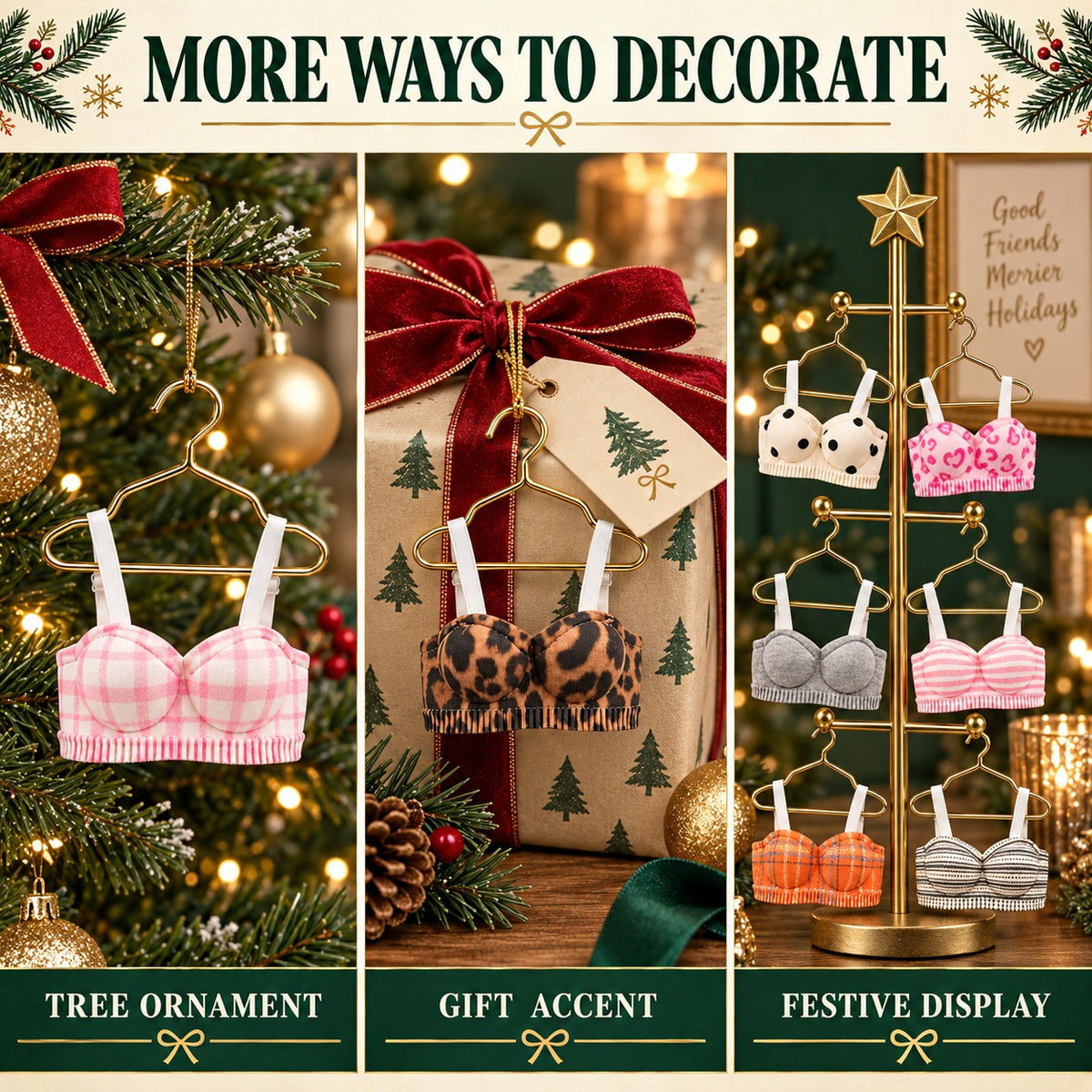 Mini Bra Christmas Ornaments with Mini Hangers, Cotton Novelty Holiday Tree Decorations and Doll Clothes