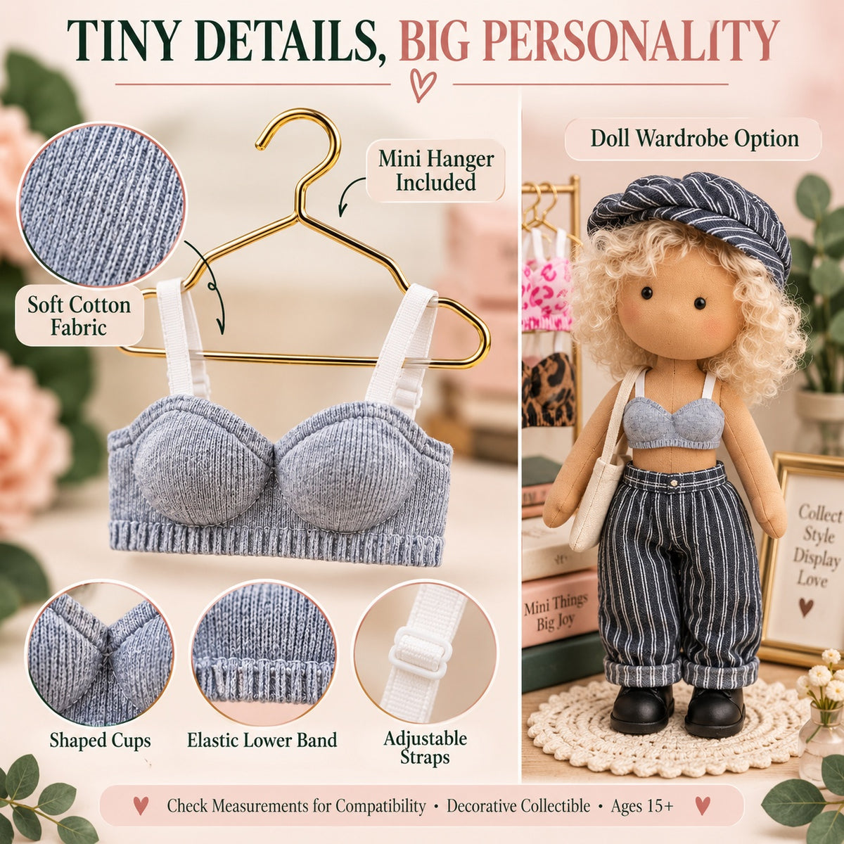 Mini Bra Christmas Ornaments with Mini Hangers, Cotton Novelty Holiday Tree Decorations and Doll Clothes