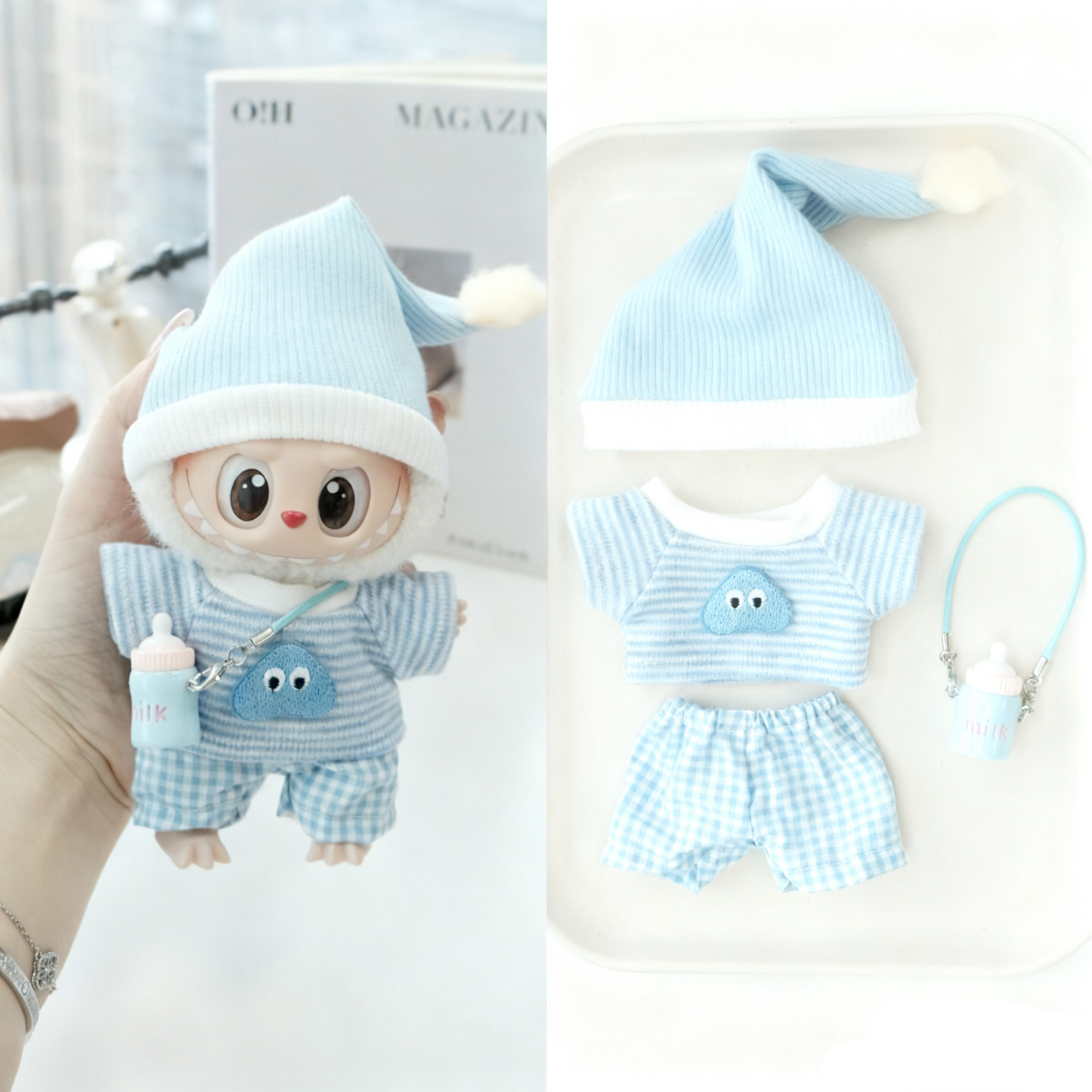 Blue Elephant Pajamas Clothes for 15-17cm Labubu Doll, 5 Pcs Doll's Street Wear Outfits