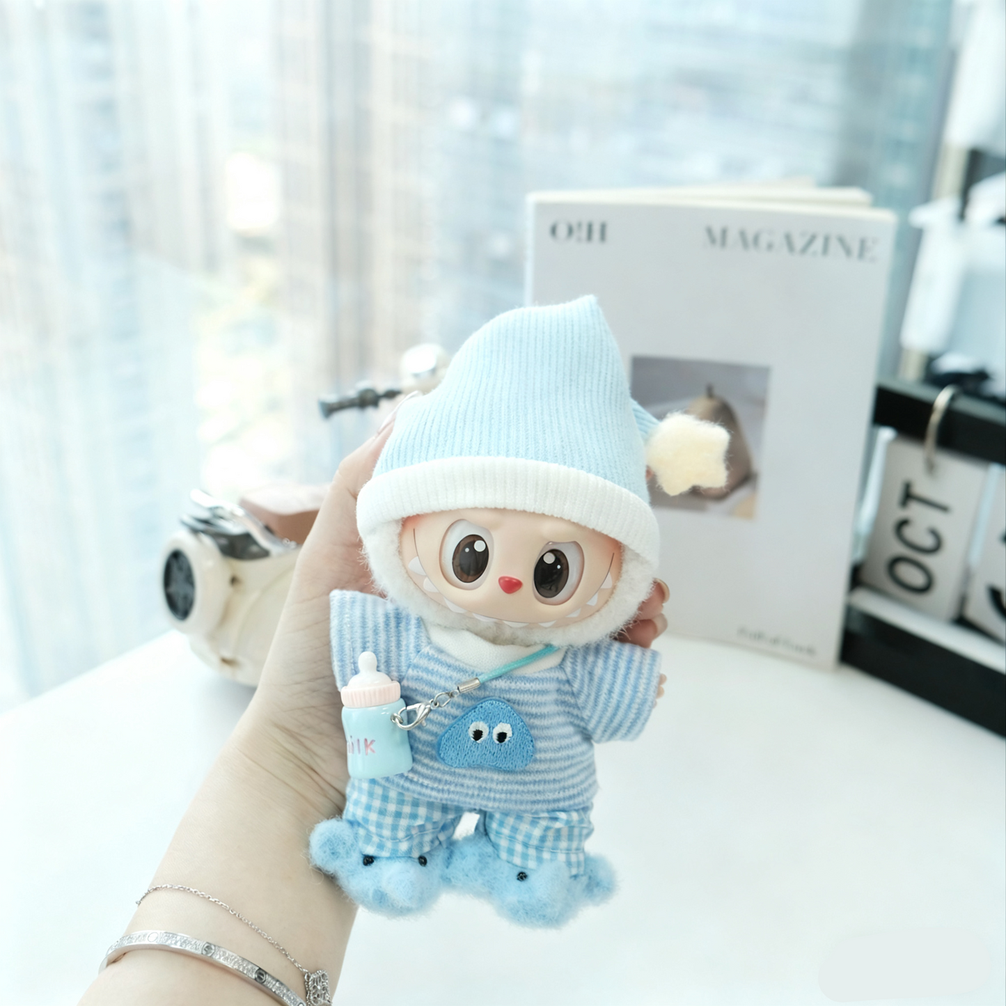 Blue Elephant Pajamas Clothes for 15-17cm Labubu Doll, 5 Pcs Doll's Street Wear Outfits