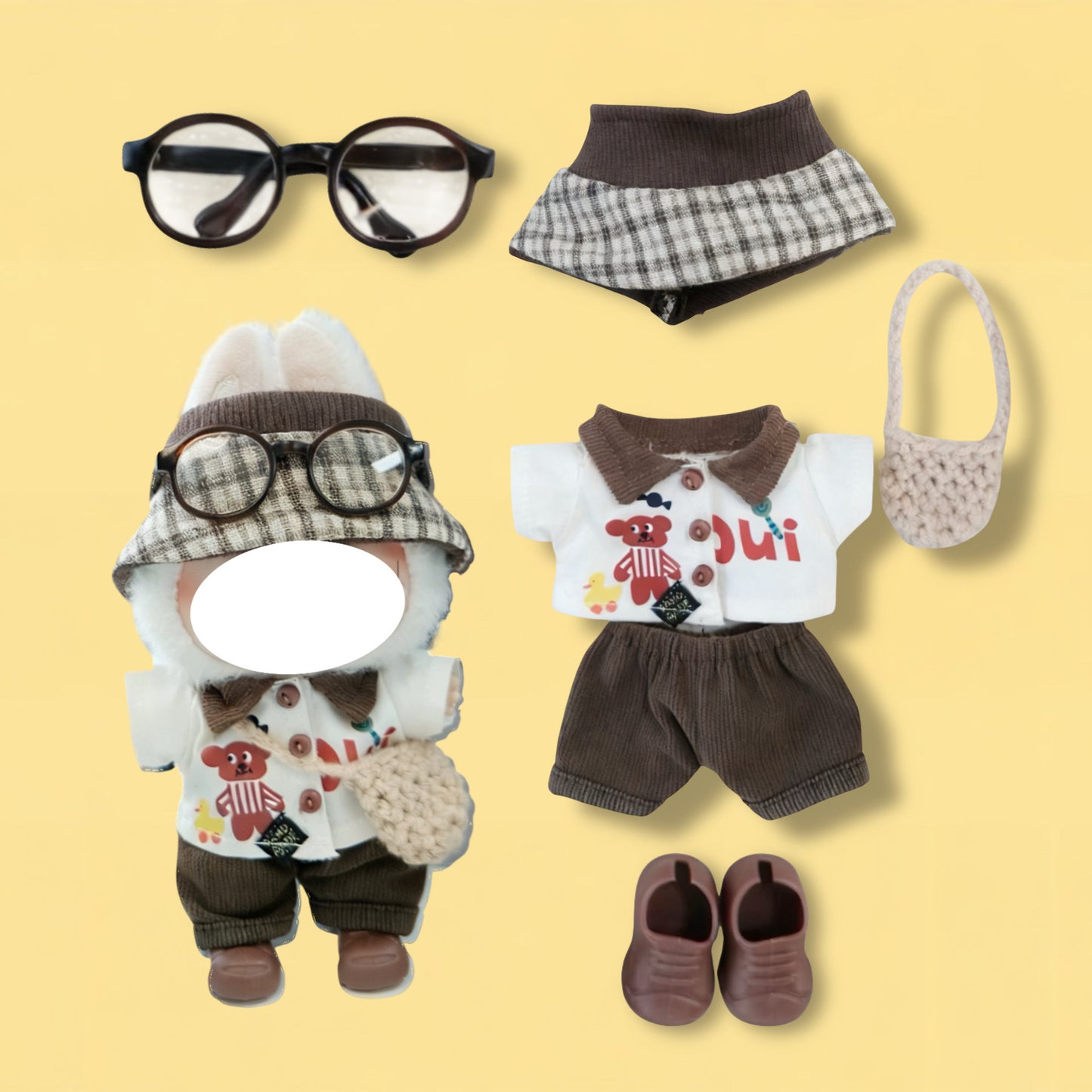 Brown Trendsetter Fashion Style Clothes for 15-17cm Labubu Doll, 6 Pcs Doll's Street Wear Outfits