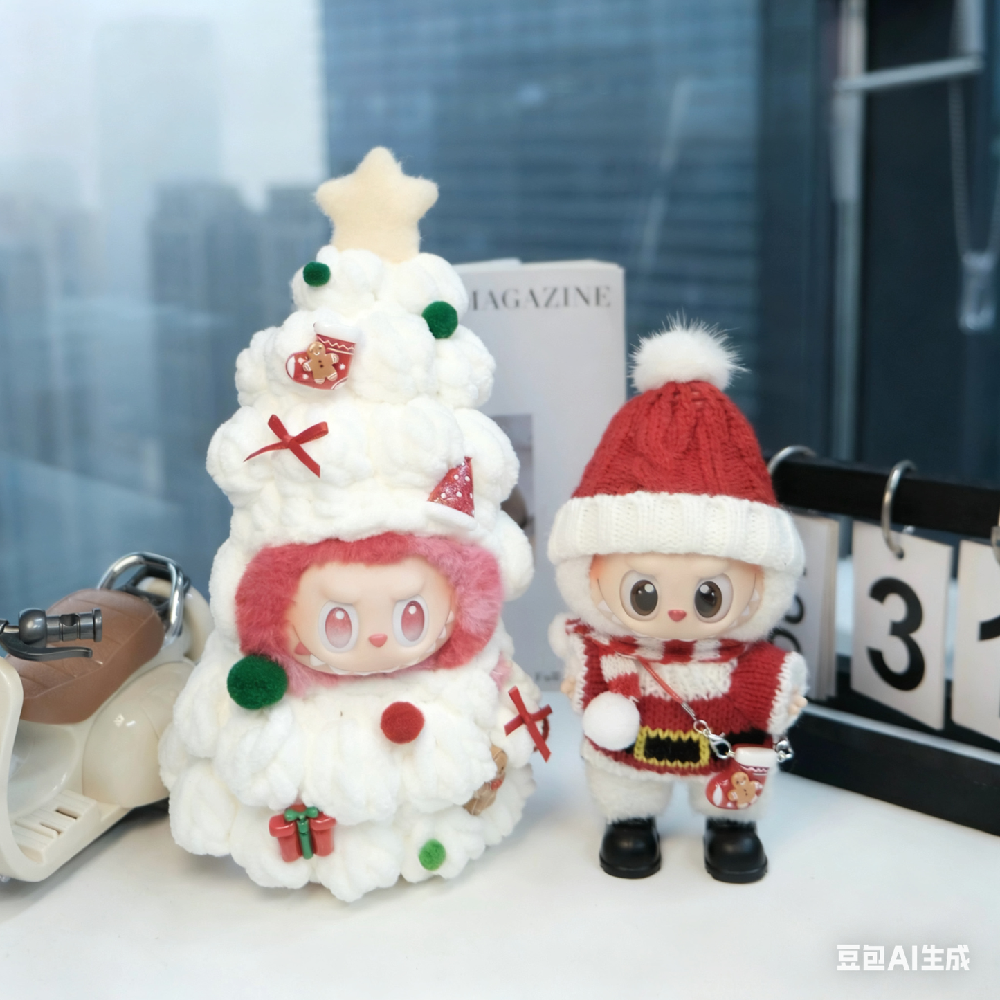 Christmas Clothes for 15-17cm Labubu Doll, Handcrafted 2 Pcs Set Christmas Tree Figures Outfits - Poms Sock and Red Shoes