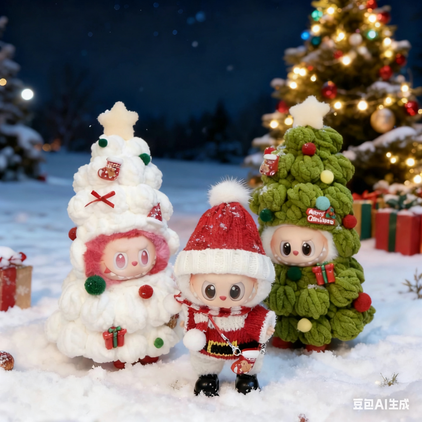 Christmas Clothes for 15-17cm Labubu Doll, Handcrafted 2 Pcs Set Christmas Tree Figures Outfits - Poms Sock and Red Shoes