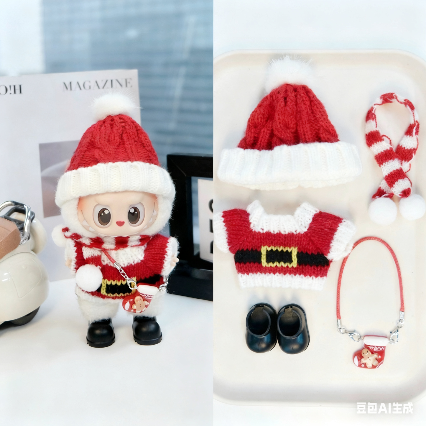 Christmas Clothes for 15-17cm Labubu Doll, Handcrafted 2 Pcs Set Christmas Tree Figures Outfits - Poms Sock and Red Shoes