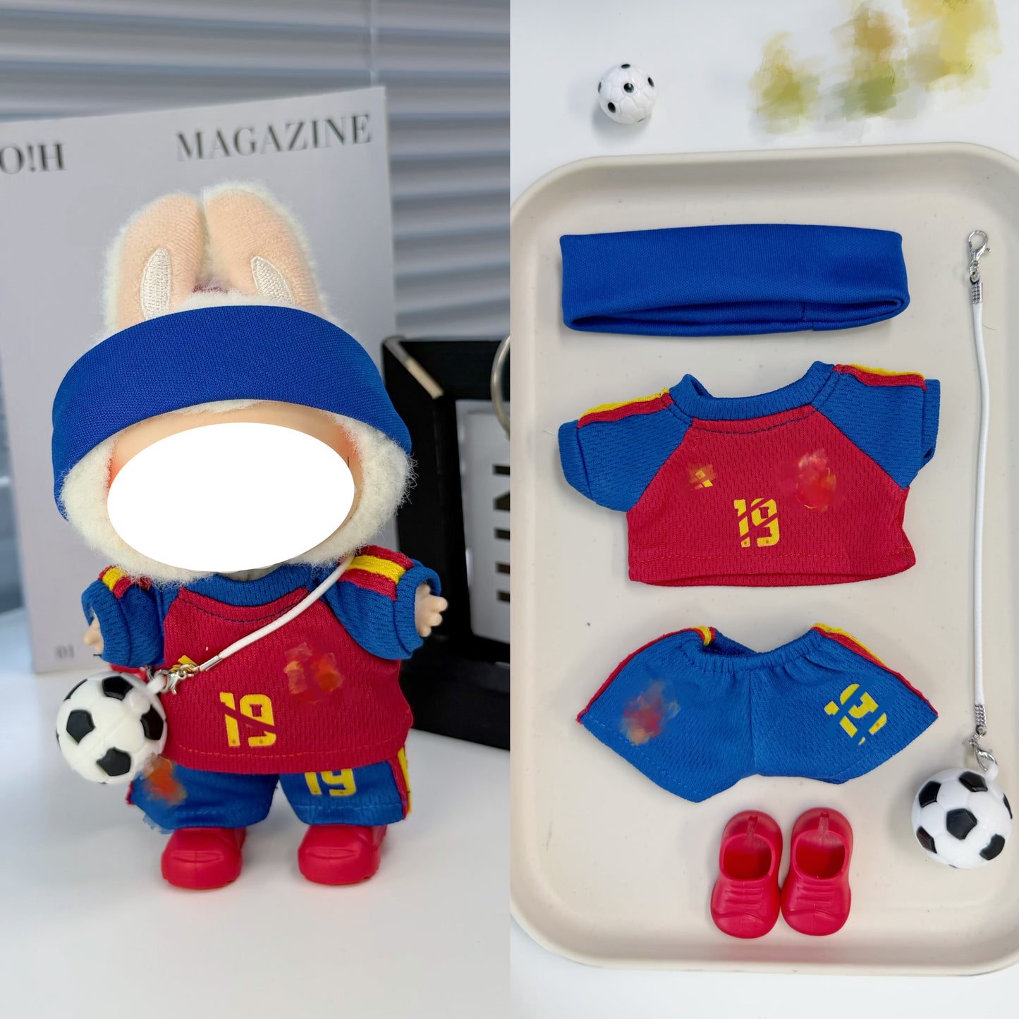 Spain Soccer Jersey Doll Clothes for 15-17cm Labubu Dolls,5 pcs Set Mini Football Uniform for 6 inch doll