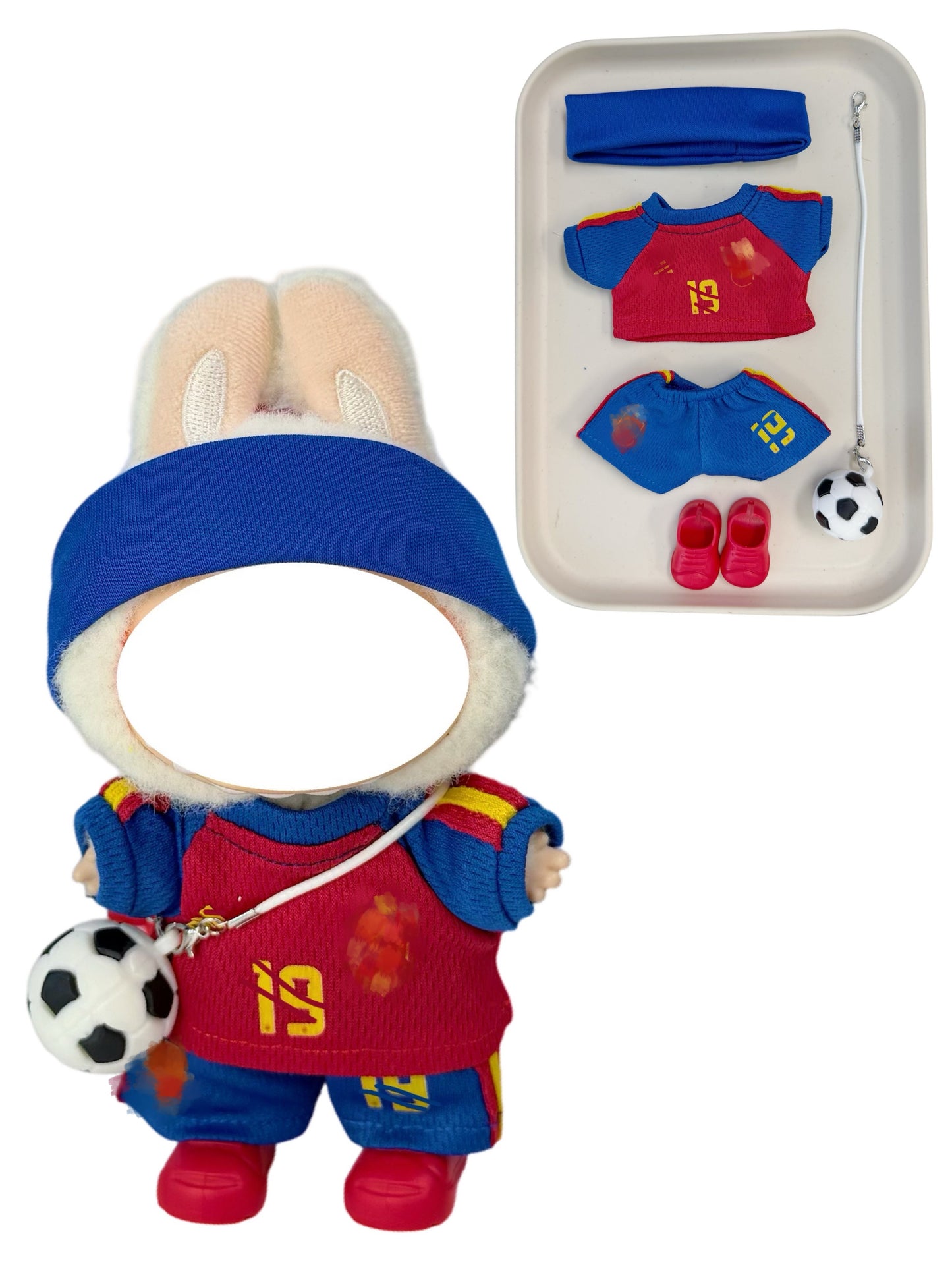 Spain Soccer Jersey Doll Clothes for 15-17cm Labubu Dolls,5 pcs Set Mini Football Uniform for 6 inch doll