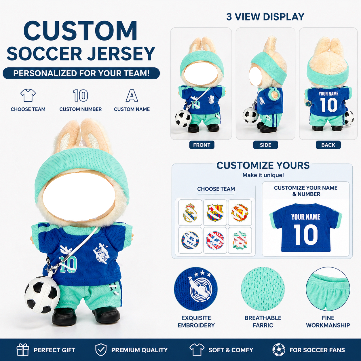Custom Mini Soccer Jersey Set for 15-17cm Plush Dolls | 5-Piece Football Uniform