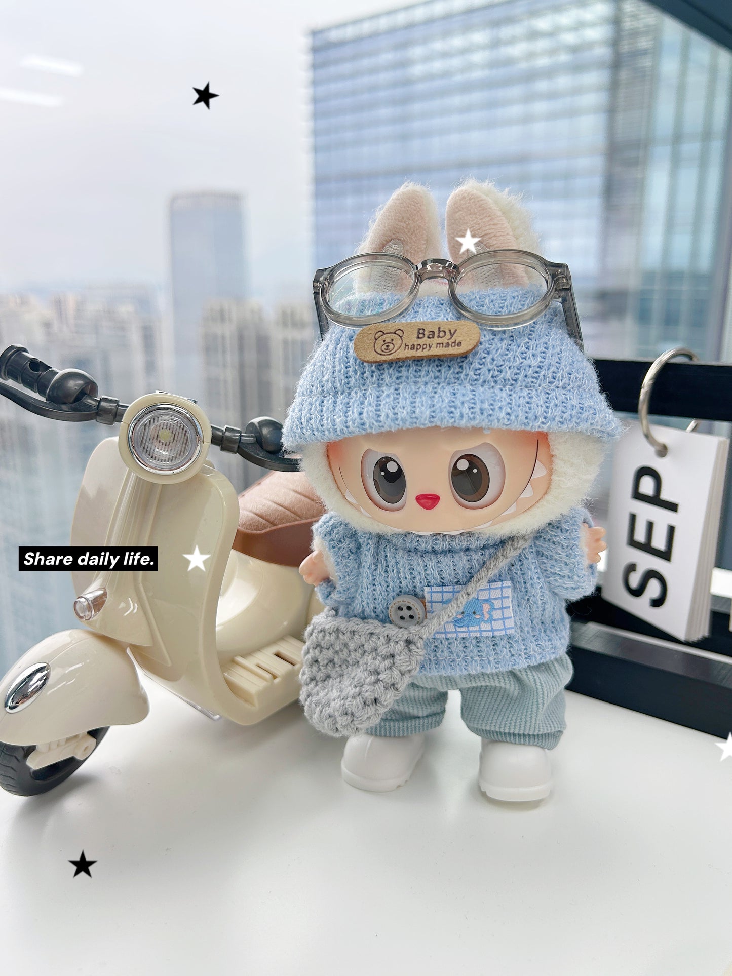 Blue Elephant Clothes for 15-17cm Labubu Doll, 6 Pcs Doll's Street Wear Outfits