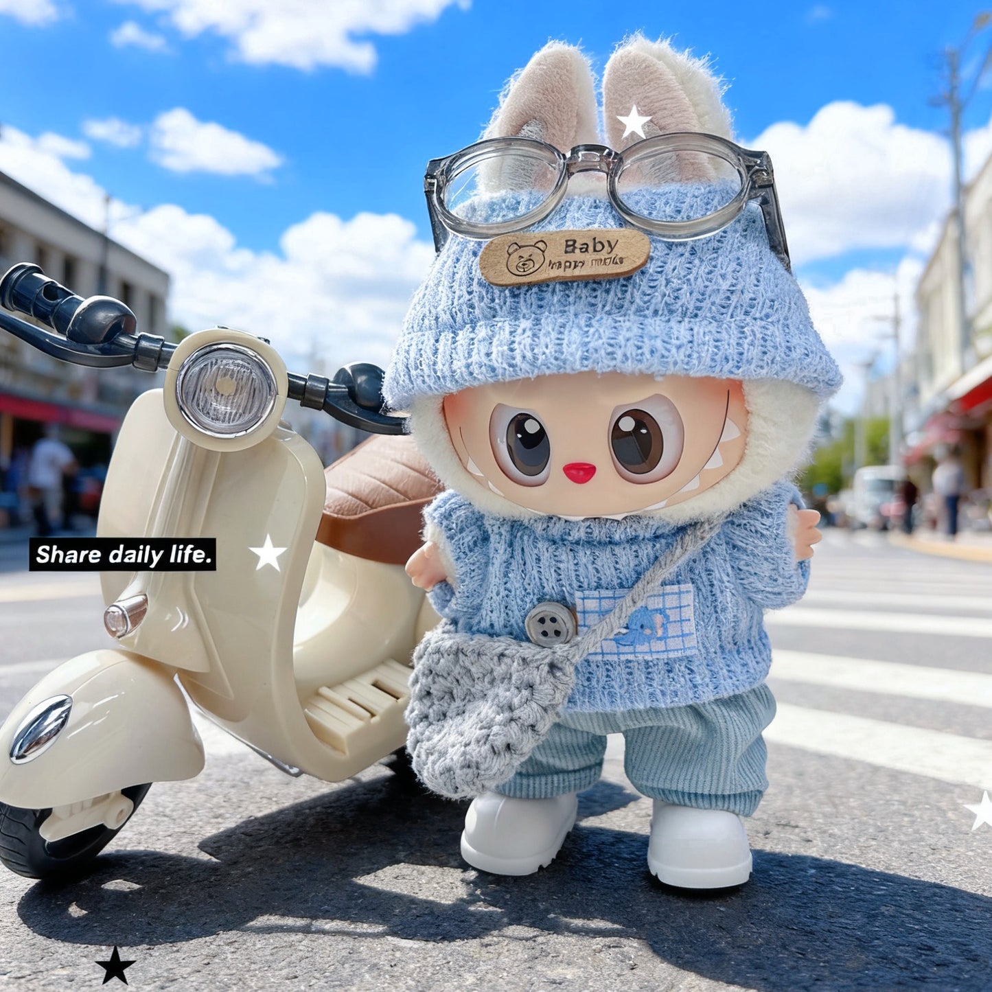 Blue Elephant Clothes for 15-17cm Labubu Doll, 6 Pcs Doll's Street Wear Outfits