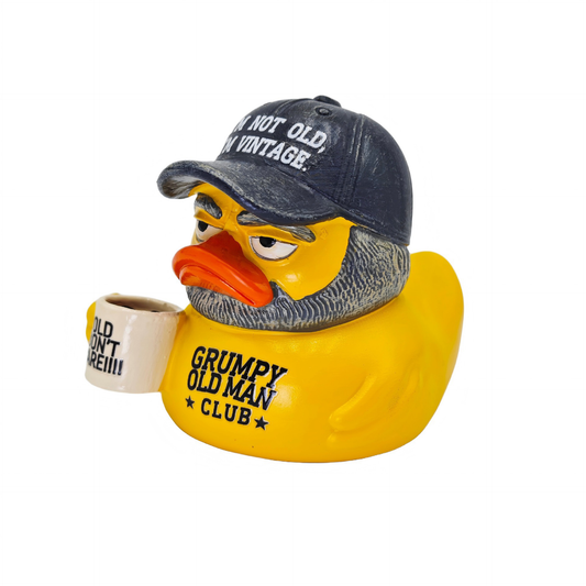Grumpy Old Man Club Resin Duck Figurine, Decor Duck Statue with Coffee Mug, Funny Grumpy Yellow Duck Desk Ornament Gift for Men Dad Grandpa