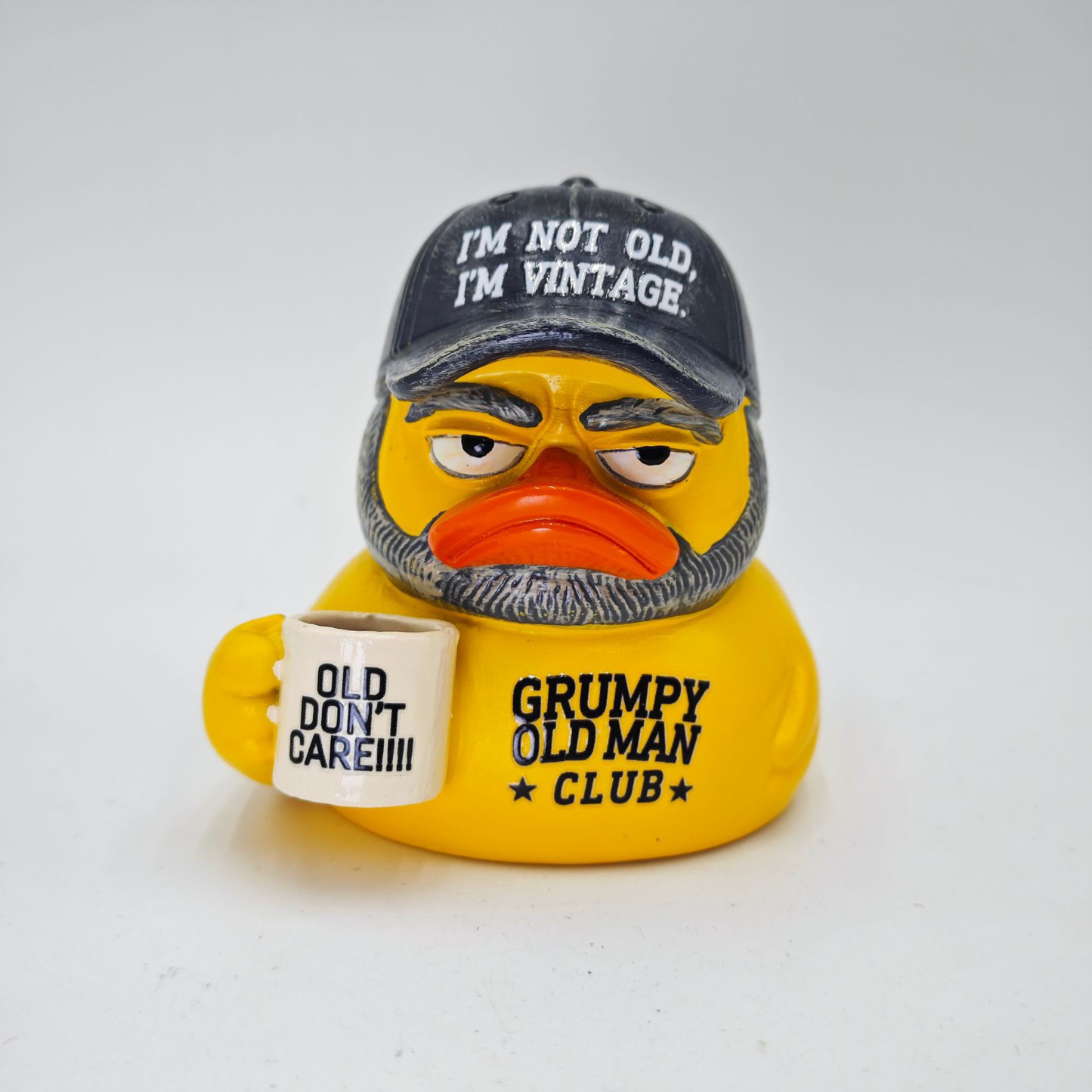 Grumpy Old Man Club Resin Duck Figurine, Decor Duck Statue with Coffee Mug, Funny Grumpy Yellow Duck Desk Ornament Gift for Men Dad Grandpa