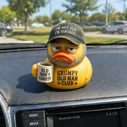 Grumpy Old Man Club Resin Duck Figurine, Decor Duck Statue with Coffee Mug, Funny Grumpy Yellow Duck Desk Ornament Gift for Men Dad Grandpa