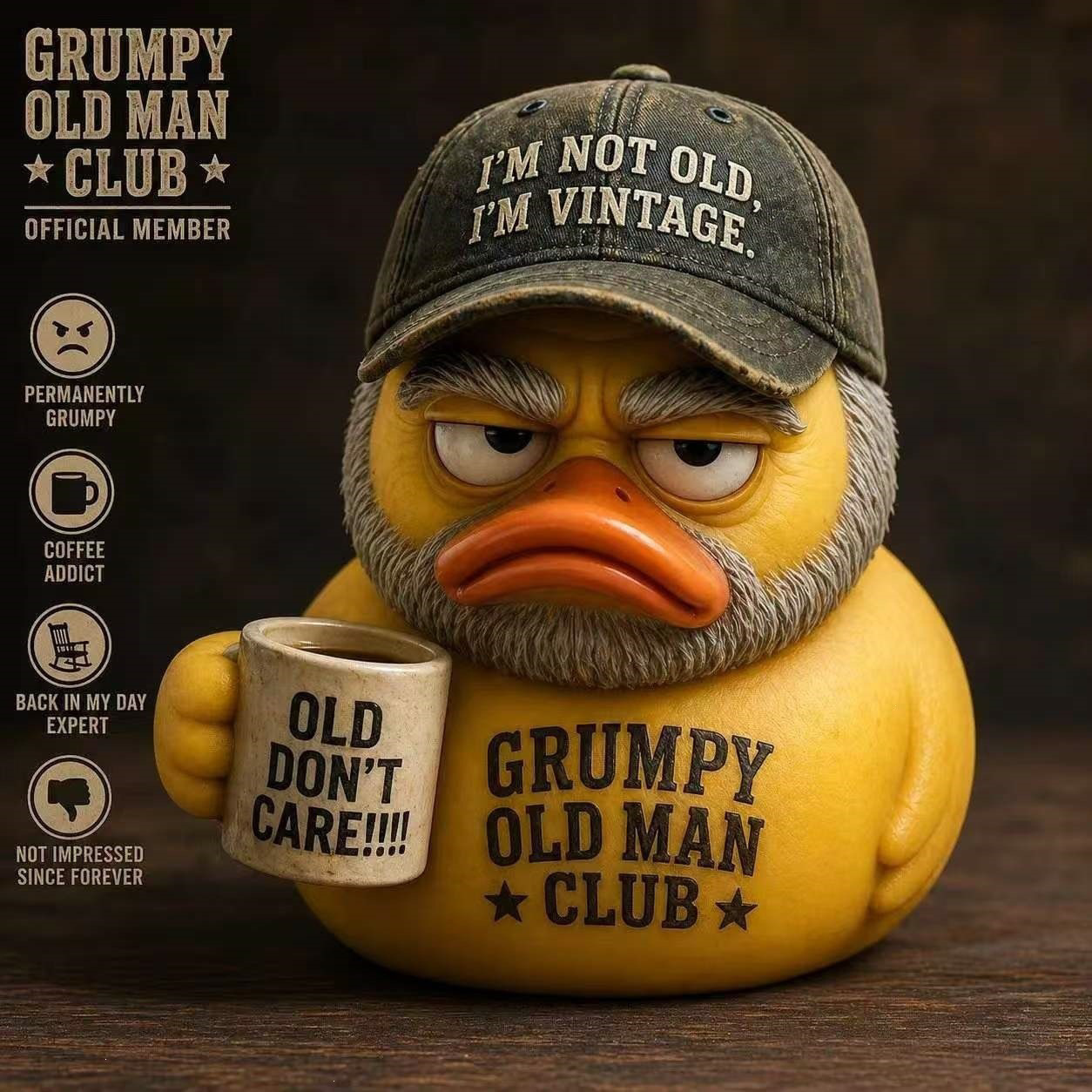 Grumpy Old Man Club Resin Duck Figurine, Decor Duck Statue with Coffee Mug, Funny Grumpy Yellow Duck Desk Ornament Gift for Men Dad Grandpa