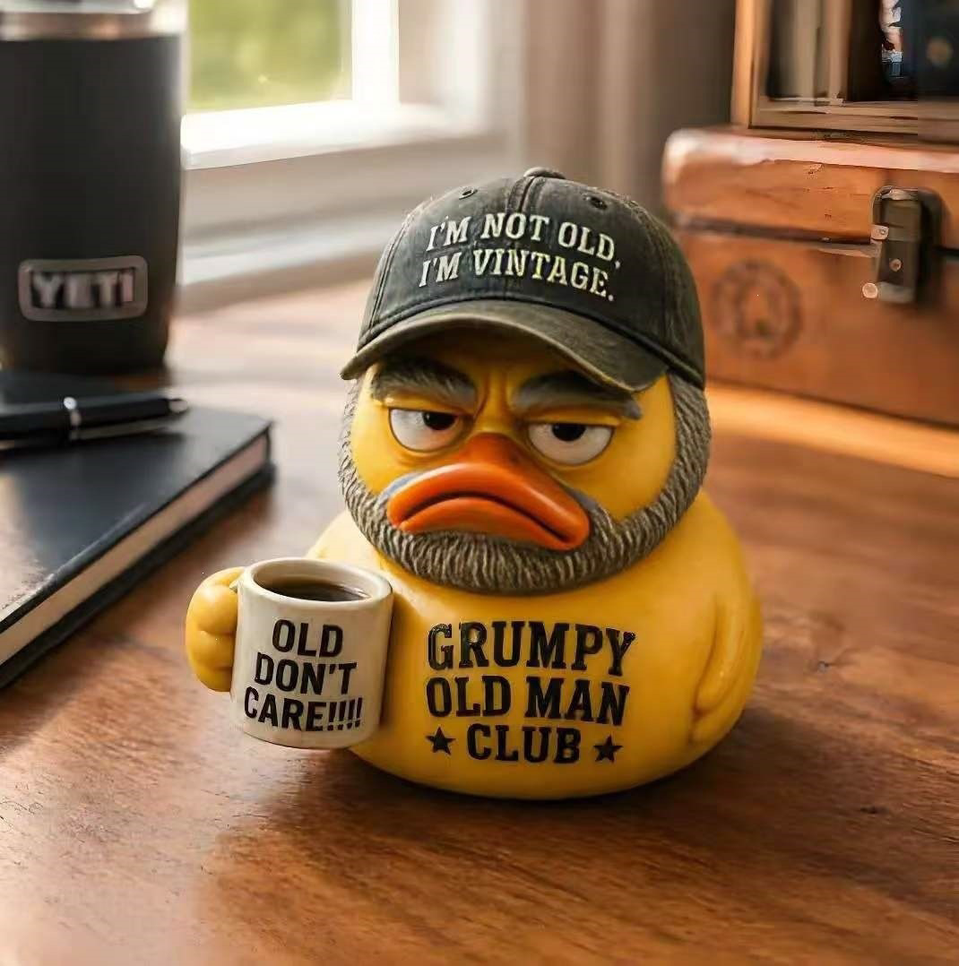 Grumpy Old Man Club Resin Duck Figurine, Decor Duck Statue with Coffee Mug, Funny Grumpy Yellow Duck Desk Ornament Gift for Men Dad Grandpa