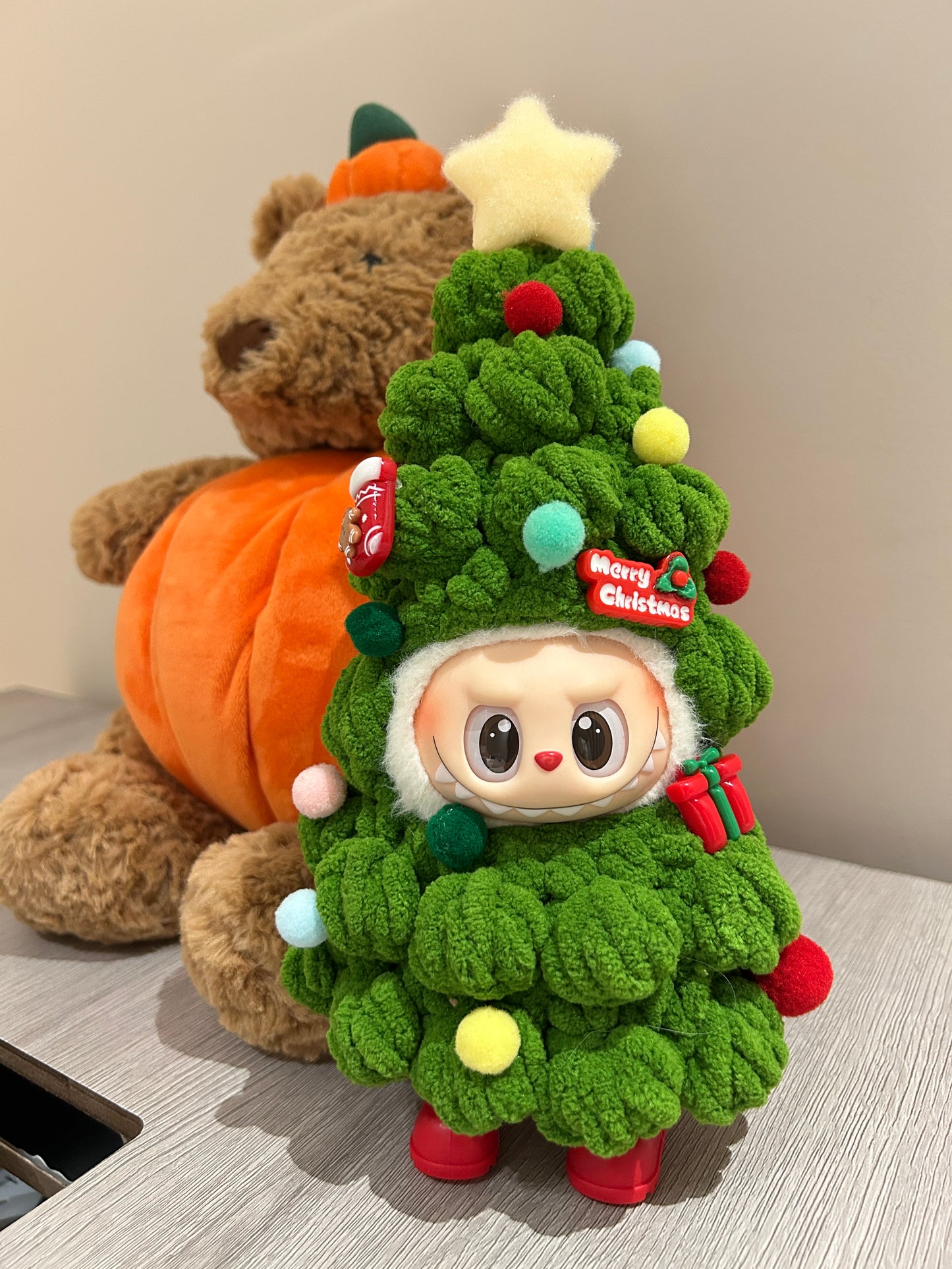 Christmas Clothes for 15-17cm Labubu Doll, Handcrafted 2 Pcs Set Christmas Tree Figures Outfits - Poms Sock and Red Shoes