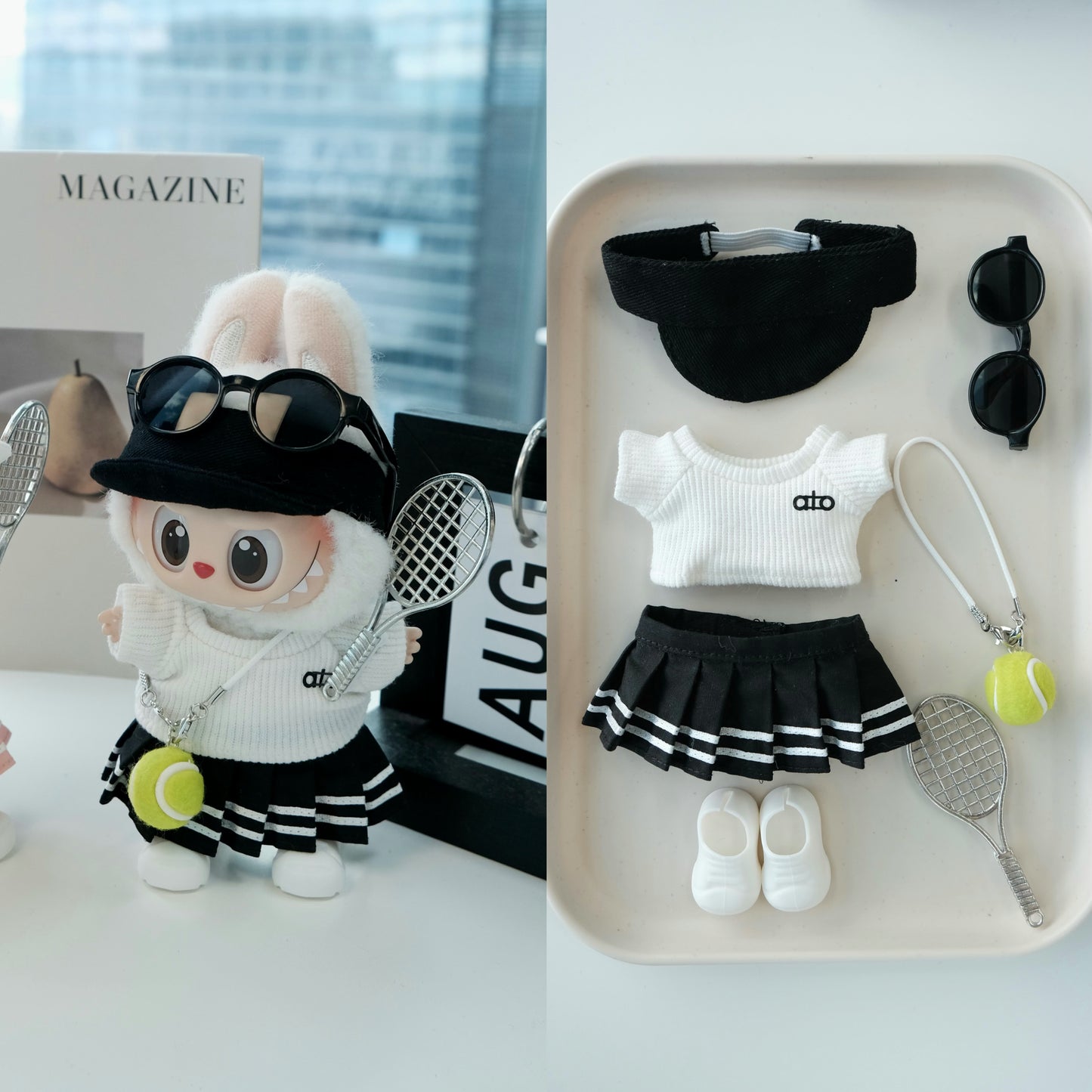 Tennis Skirt Clothes for 15-17cm Labubu Doll, 7 Pcs Doll's Sports Wear Outfits Gym Clothes
