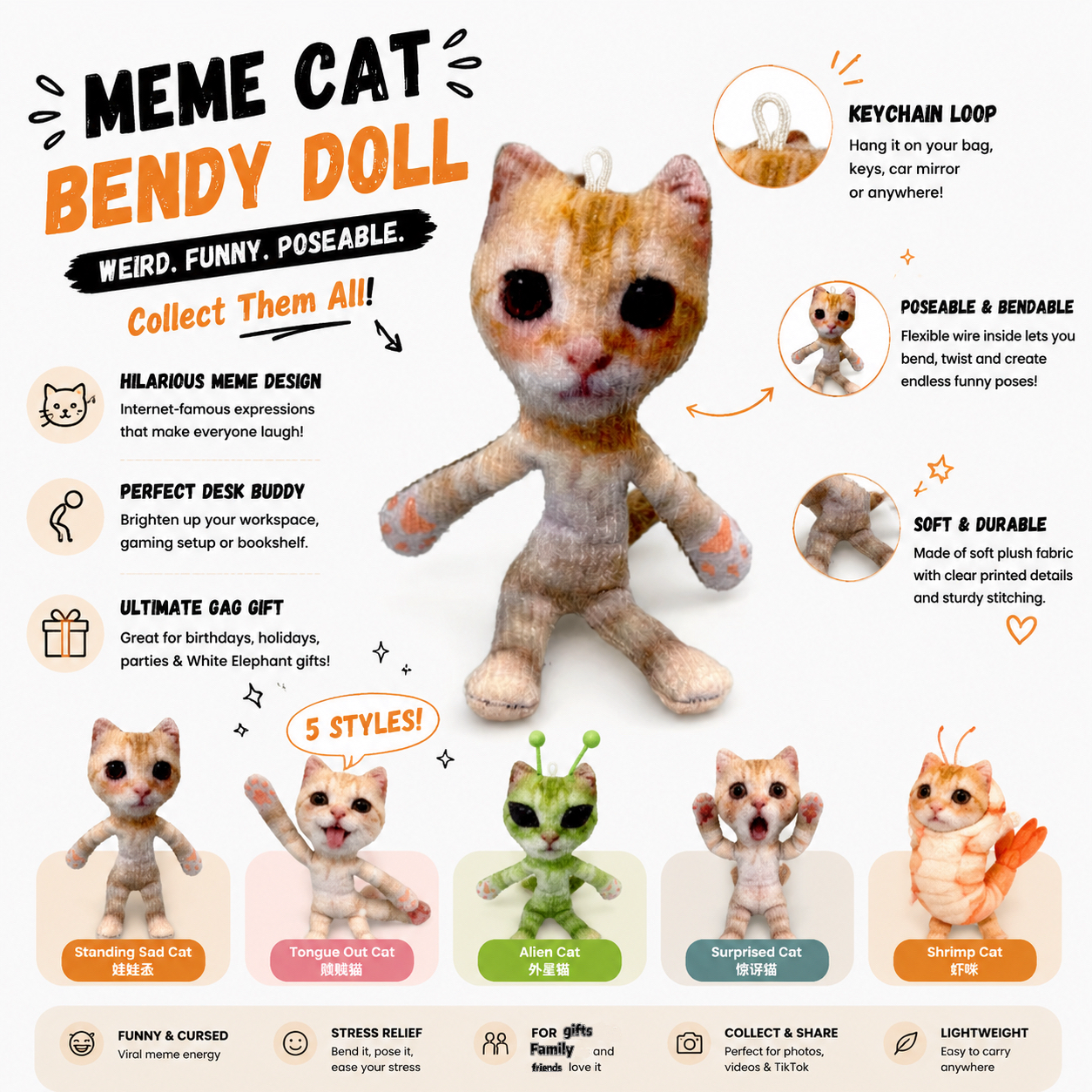 Funny Meme Cat Bendy Doll Collection, Poseable Weird Cat Plush Figure with Keychain Loop, Quirky Internet Culture Desk Decor, Flexible Novelty Collectible Gift for Cat Lovers