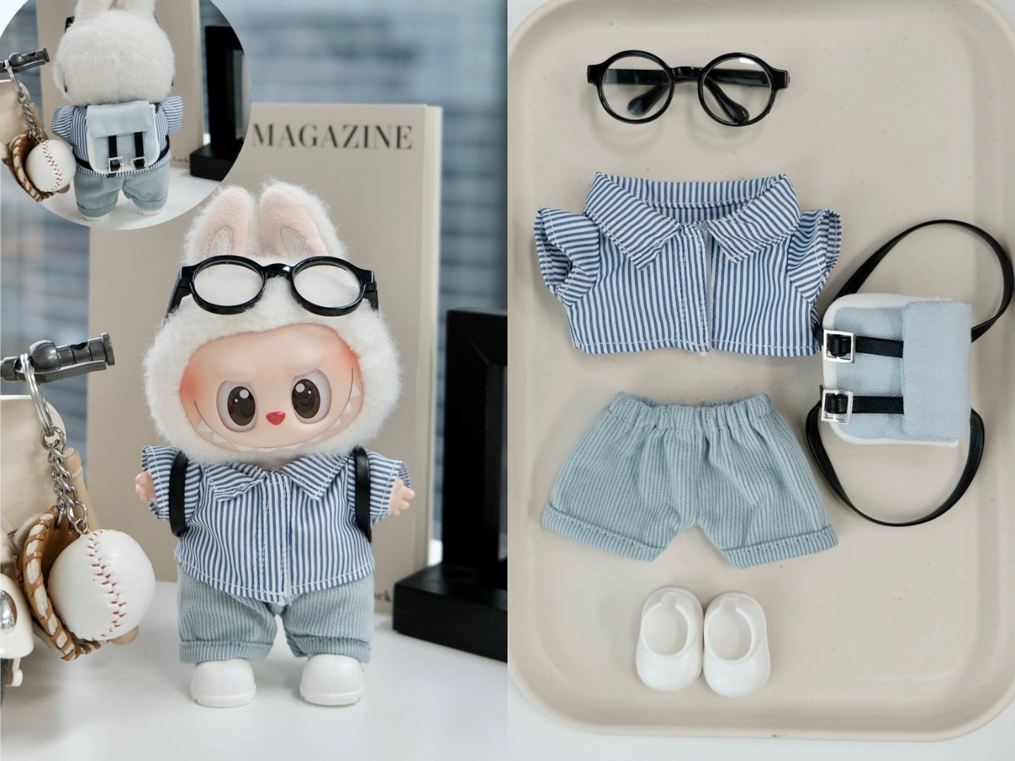 Striped Shirt Clothes for 15-17cm Labubu Doll, 5 Pcs Doll's Street Wear Outfits