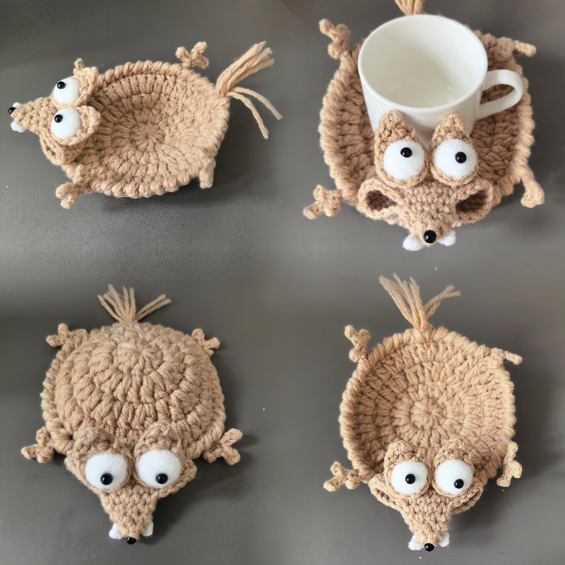 Handmade Crochet Coaster, Funny Animal Drink Coasters for Coffee Cup, Cute Yarn Woven Desk Decor, Unique Home Office Table Accessories Gift