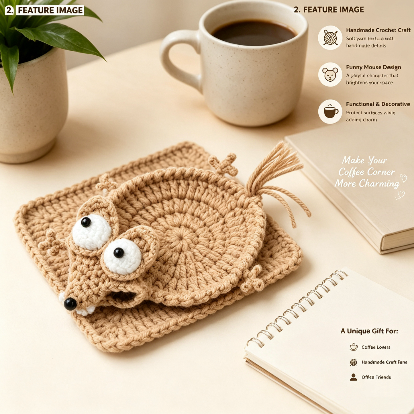 Handmade Crochet Coaster, Funny Animal Drink Coasters for Coffee Cup, Cute Yarn Woven Desk Decor, Unique Home Office Table Accessories Gift