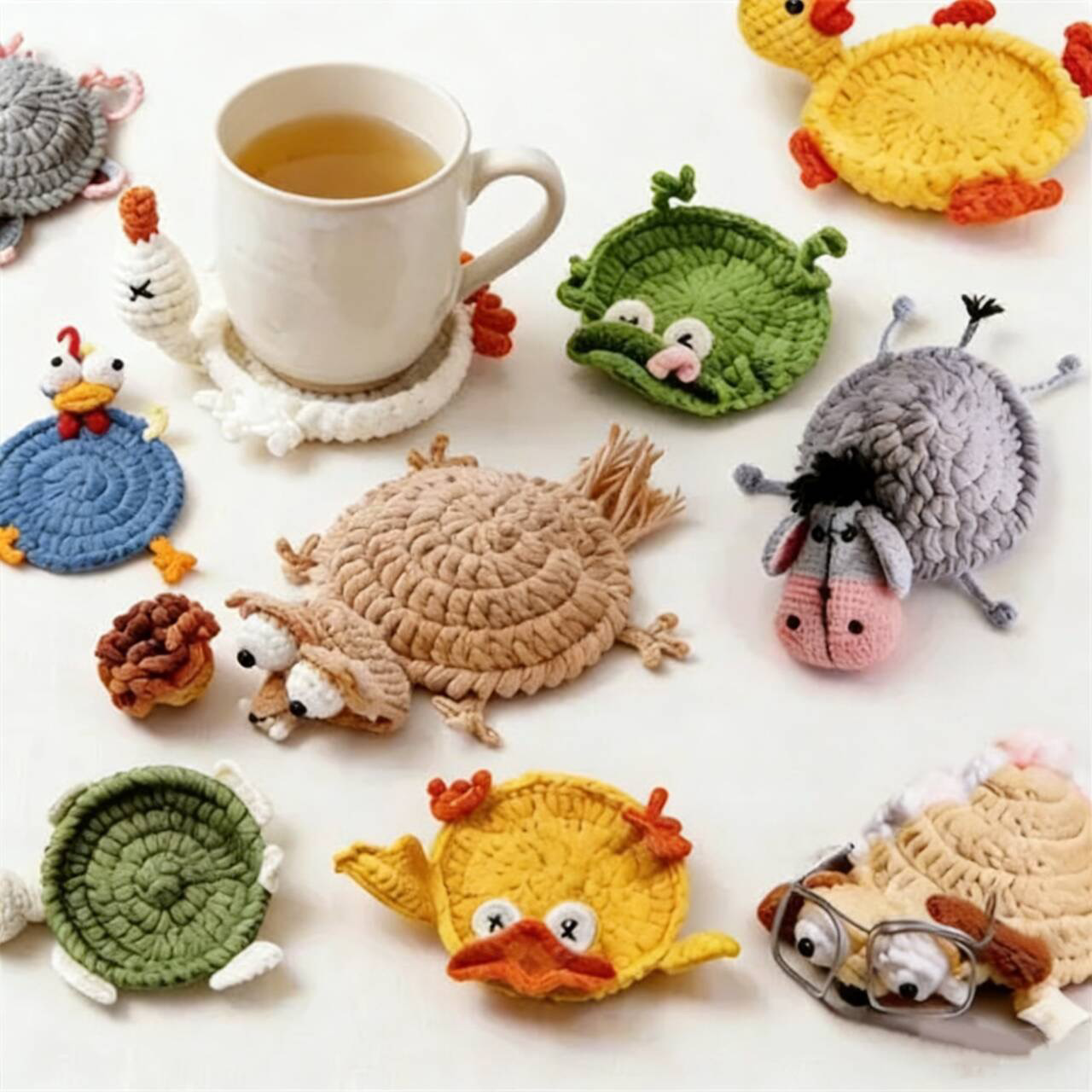 Handmade Crochet Coaster, Funny Animal Drink Coasters for Coffee Cup, Cute Yarn Woven Desk Decor, Unique Home Office Table Accessories Gift