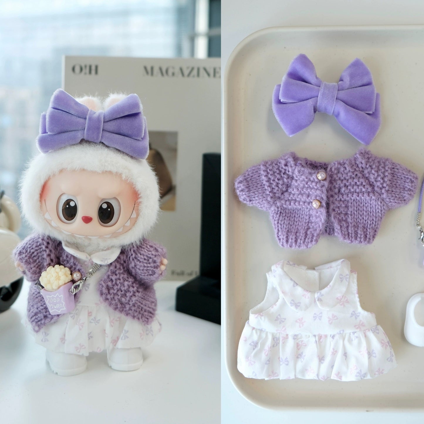 Purple Butterfly Clothes for 15-17cm Labubu Doll, 5 Pcs Doll's Street Wear Outfits