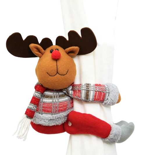 Elk Style Christmas Curtain Tiebacks, 2PCS Plush Holiday Curtain Holders with Wraparound Arms and Legs, No-Drill Festive Window Decorations