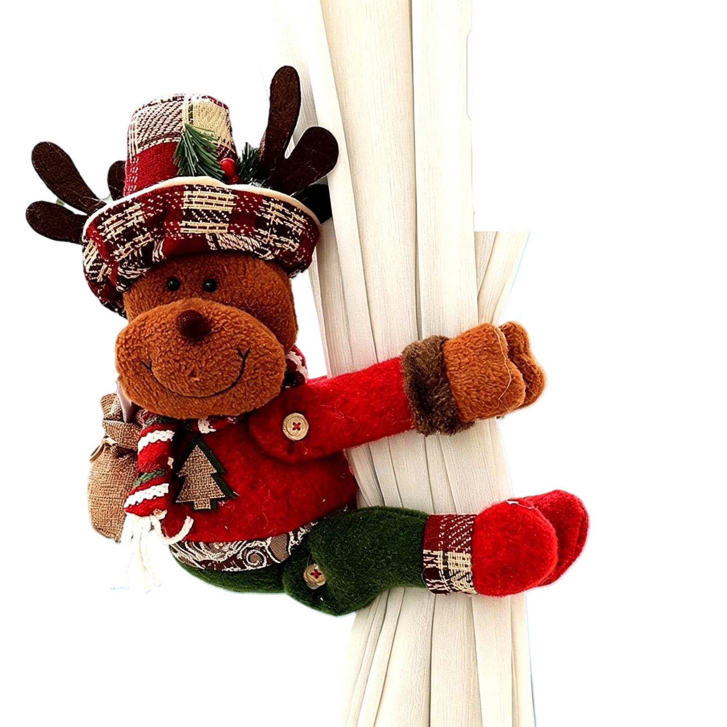 Elk Style Christmas Curtain Tiebacks, 2PCS Plush Holiday Curtain Holders with Wraparound Arms and Legs, No-Drill Festive Window Decorations