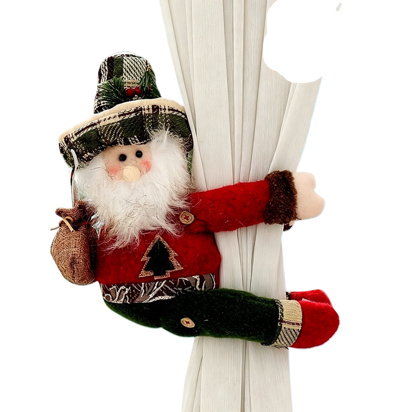 Santa Christmas Curtain Tiebacks, 2PCS Plush Holiday Curtain Holders with Wraparound Arms and Legs, No-Drill Festive Window Decorations for Living Room, Bedroom and Holiday Home Décor