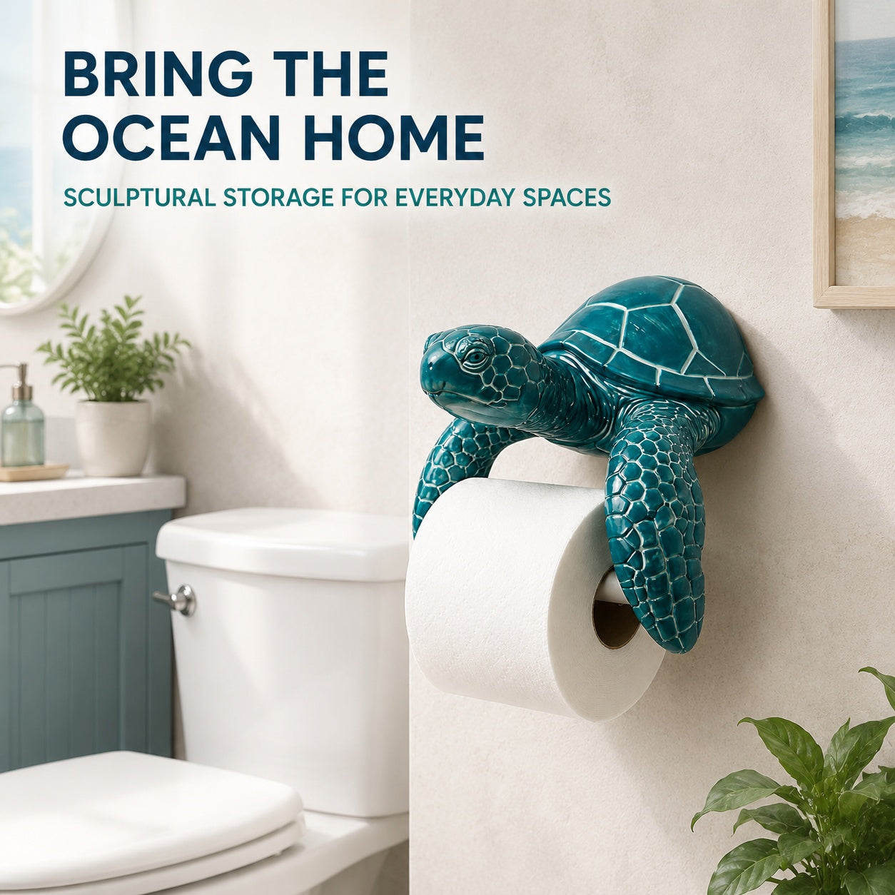 Sea Turtle Toilet Paper Holder Wall Mount, 3D-Printed PLA Bathroom Decor, No-Drill Adhesive Tissue Roll Holder, Nautical Coastal Home Accent