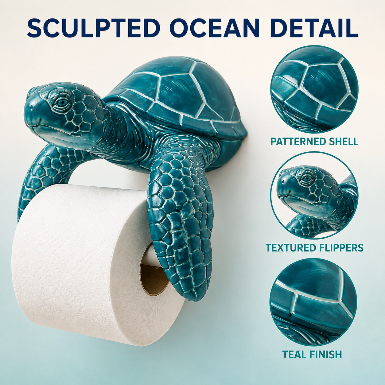 Sea Turtle Toilet Paper Holder Wall Mount, 3D-Printed PLA Bathroom Decor, No-Drill Adhesive Tissue Roll Holder, Nautical Coastal Home Accent