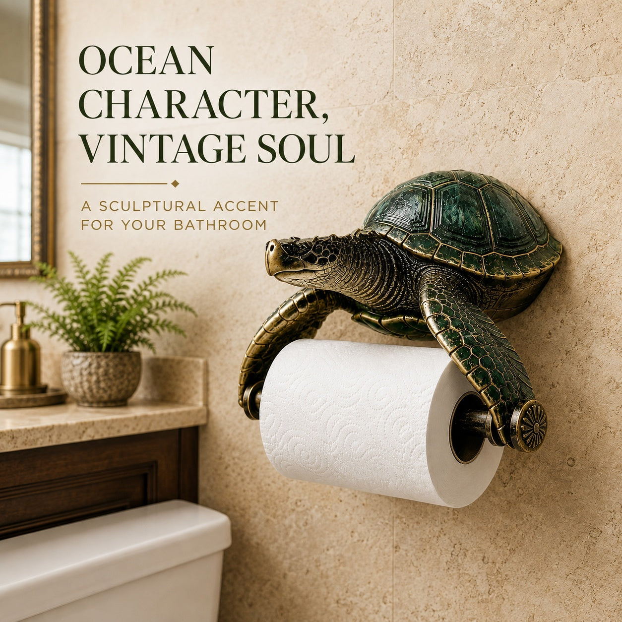 Sea Turtle Toilet Paper Holder Wall Mount, 3D-Printed PLA Bathroom Decor, No-Drill Adhesive Tissue Roll Holder, Nautical Coastal Home Accent