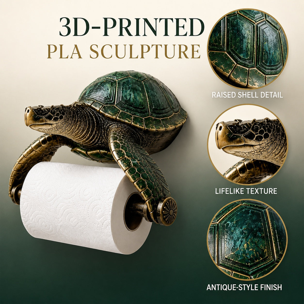 Sea Turtle Toilet Paper Holder Wall Mount, 3D-Printed PLA Bathroom Decor, No-Drill Adhesive Tissue Roll Holder, Nautical Coastal Home Accent