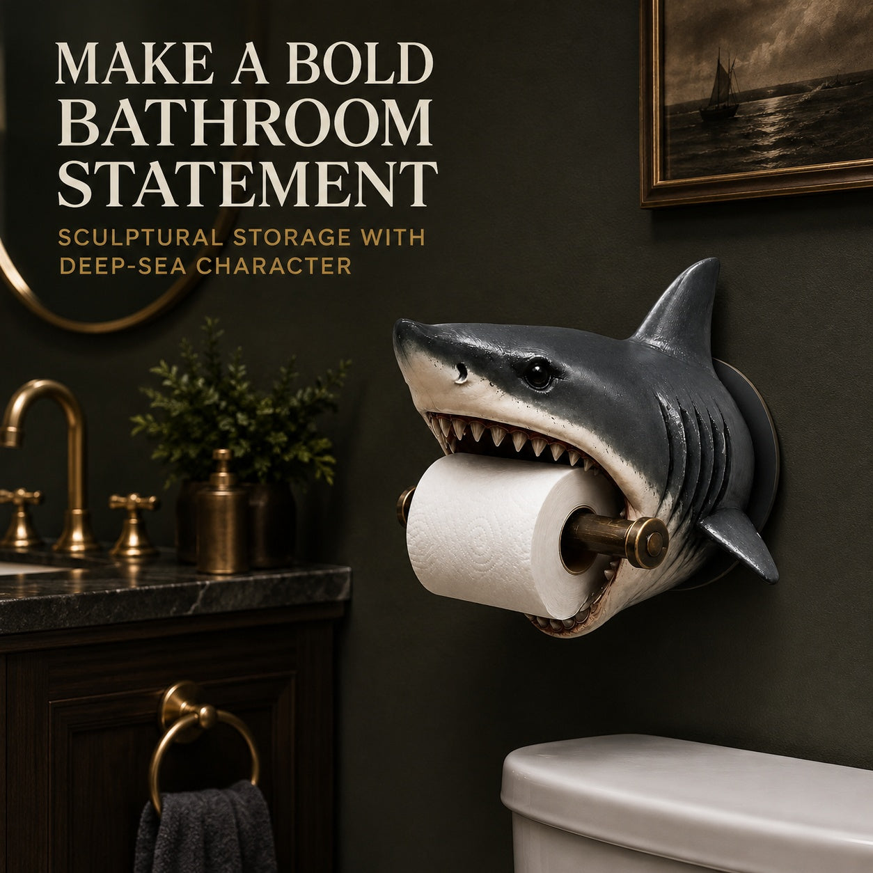 Shark Toilet Paper Holder Wall Mount, 3D-Printed PLA Bathroom Decor, No-Drill Adhesive Tissue Roll Holder, Nautical Coastal Home Accent
