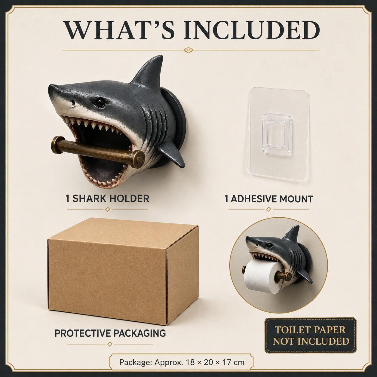 Shark Toilet Paper Holder Wall Mount, 3D-Printed PLA Bathroom Decor, No-Drill Adhesive Tissue Roll Holder, Nautical Coastal Home Accent